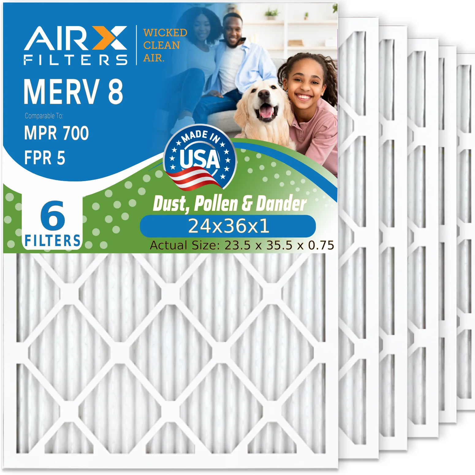 24x36x1 Air Filter MERV 8 Comparable to MPR 700 & FPR 5 Electrostatic Pleated Air Conditioner Filter 6 Pack HVAC AC Premium USA Made 24x36x1 Furnace Filters by AIRX FILTERS WICKED CLEAN AIR.