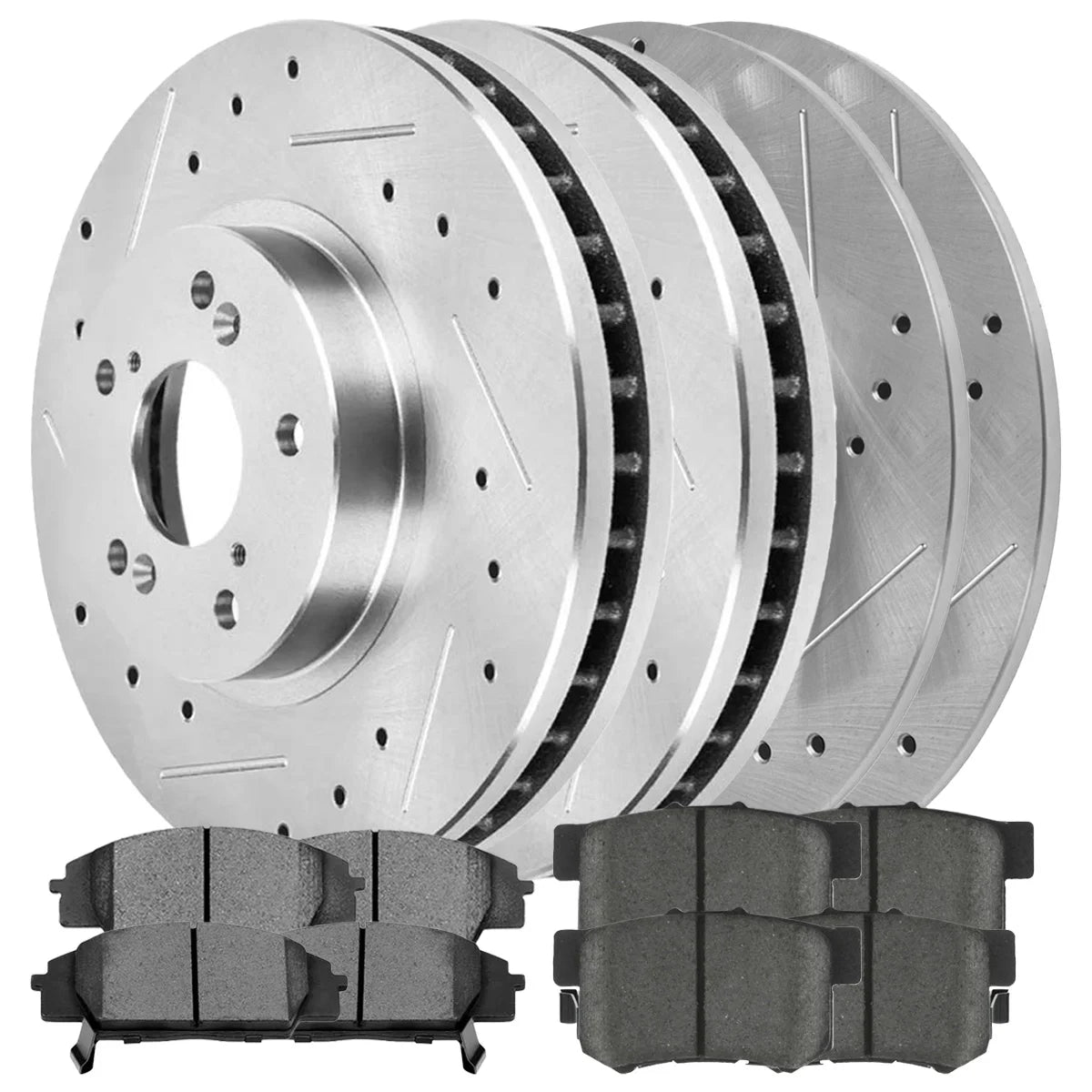 AutoShack Front and Rear Drilled Slotted Brake Rotors Silver and Performance Ceramic Pads Kit Replacement for 2006-2011 Honda Civic 2007 2008 2009 2010 Acura CSX 2.0L FWD BRKPKG038905