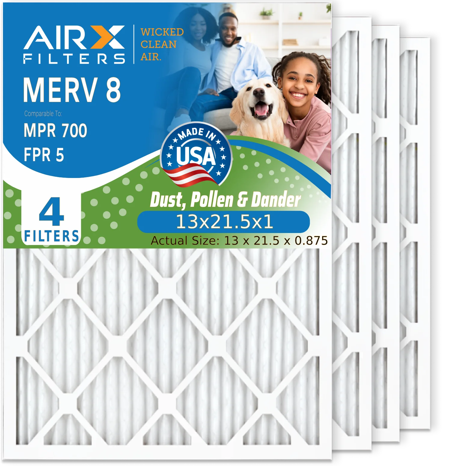13x21.5x1 Air Filter MERV 8 Comparable to MPR 700 & FPR 5 Electrostatic Pleated Air Conditioner Filter 4 Pack HVAC AC Premium USA Made 13x21.5x1 Furnace Filters by AIRX FILTERS WICKED CLEAN AIR.