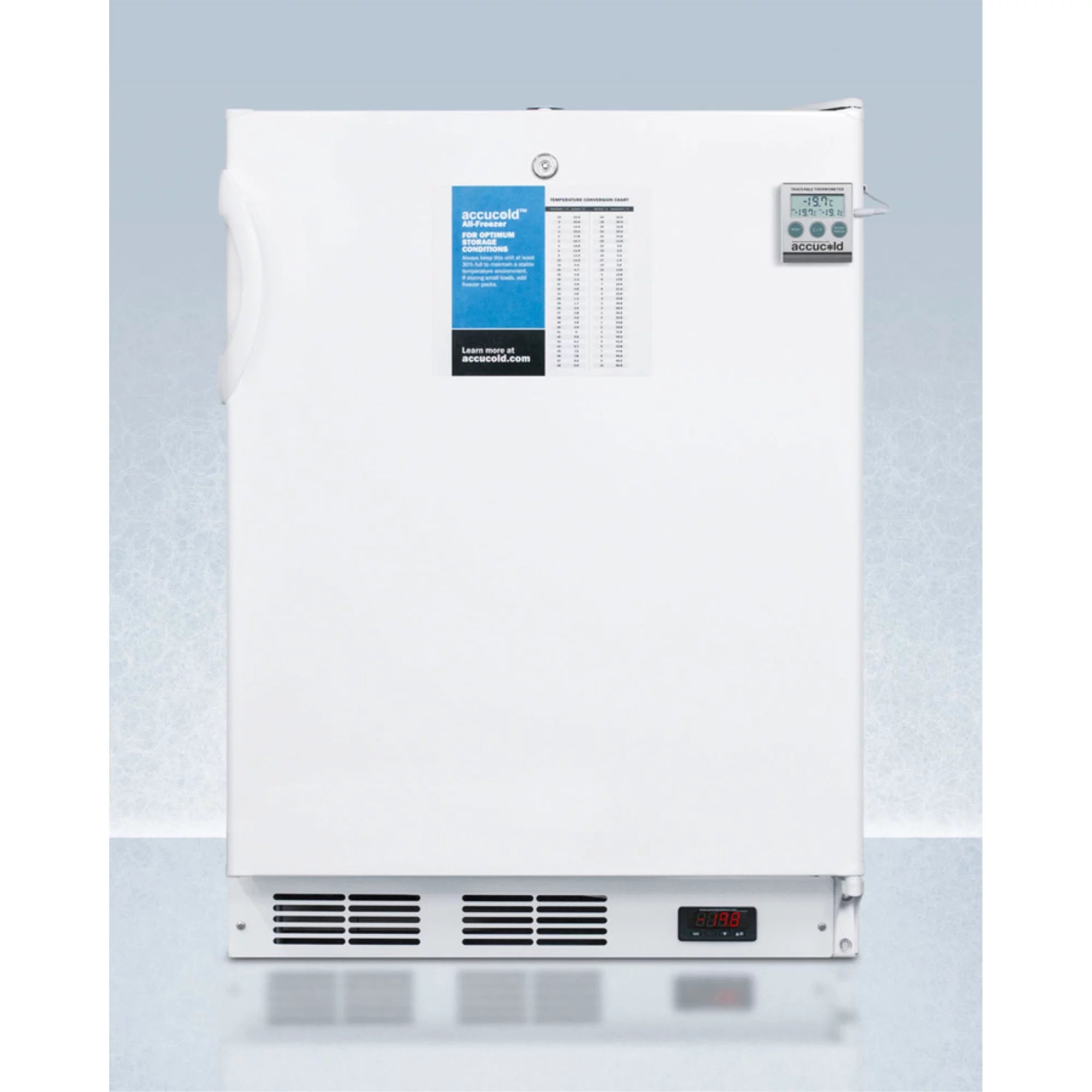 ADA compliant 24 wide all-freezer for built-in use, manual defrost with a NIST calibrated thermometer, lock, and -25C capability
