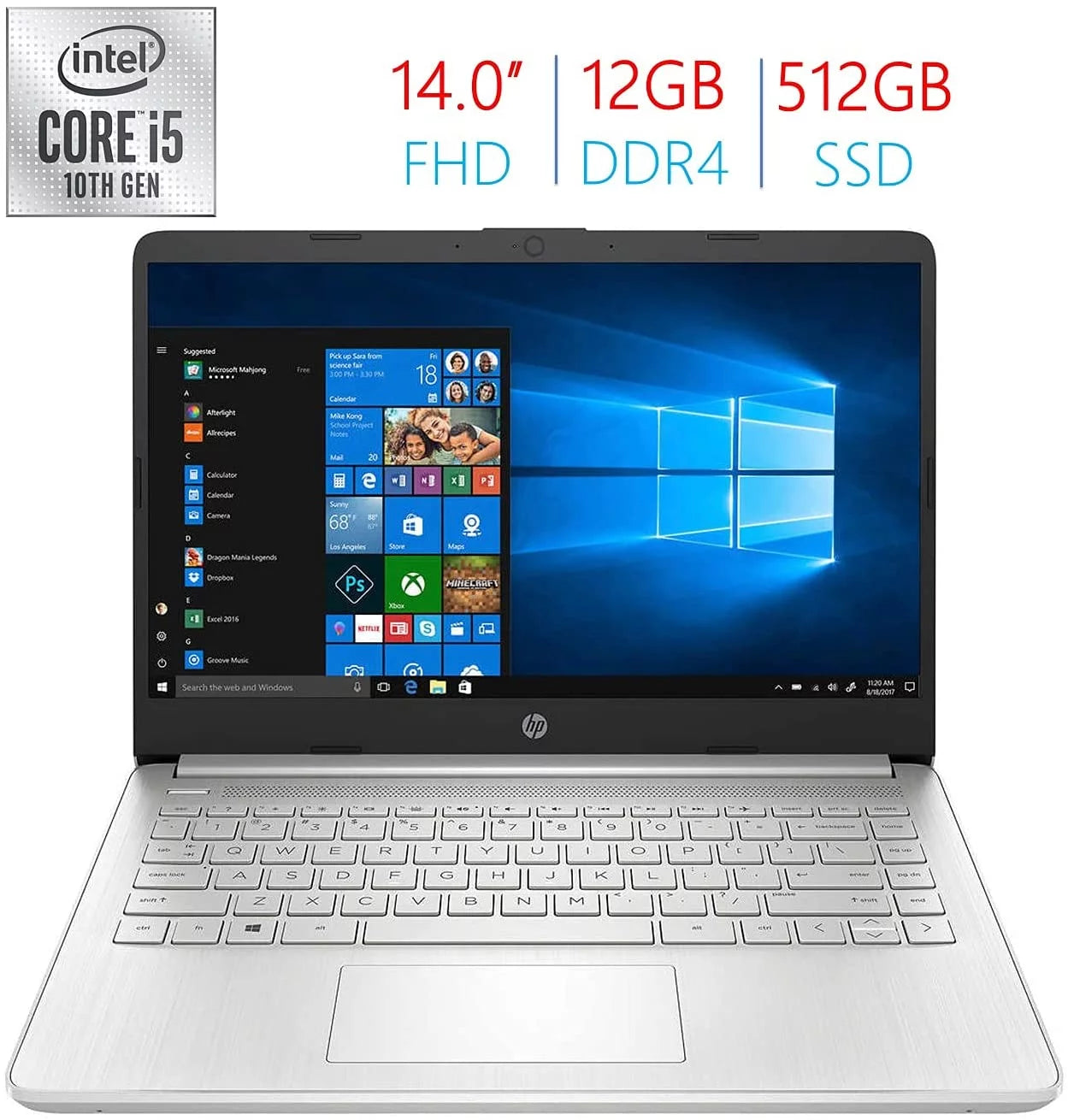 Newest HP 14'' FHD (1920x1080) IPS Anti-Glare Laptop, Intel Core i5-1035G1 Processor, 12GB RAM, 512GB SSD, Backlit Keyboard, Webcam with Mazepoly Accessories