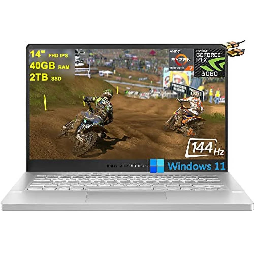Asus ROG Zephyrus G14 Gaming Laptop 14 FHD IPS 144Hz Display AMD Ryzen 5000 Series Octa-Core Ryzen 7 5800HS (Beats i7-11370H) 40GB RAM 2TB SSD GeForce RTX 3060 6GB Backlit USB-C Win11 + HDMI Cable