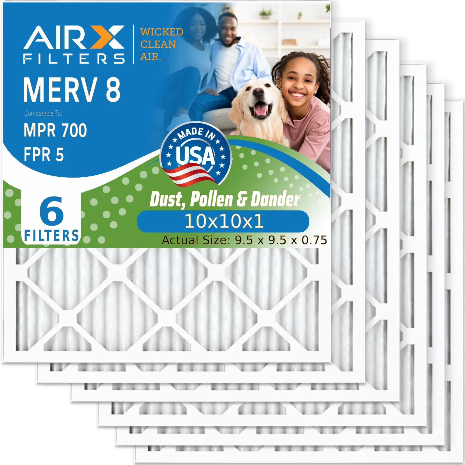 10x10x1 Air Filter MERV 8 Comparable to MPR 700 & FPR 5 Electrostatic Pleated Air Conditioner Filter 6 Pack HVAC AC Premium USA Made 10x10x1 Furnace Filters by AIRX FILTERS WICKED CLEAN AIR.