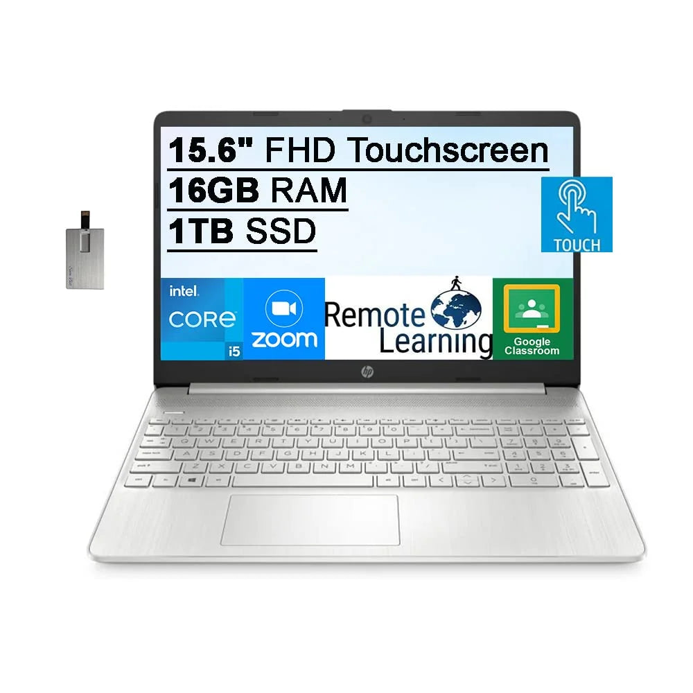 HP 2021 15.6 FHD IPS Touchscreen Laptop Computer, Intel Core i5-1135G7 (Beats i7-1065g7), 16GB RAM, 1TB SSD, Intel Iris Xe Graphics, HD Webcam, HD Audio, Windows 11S, Silver, 32GB SnowBell USB Card