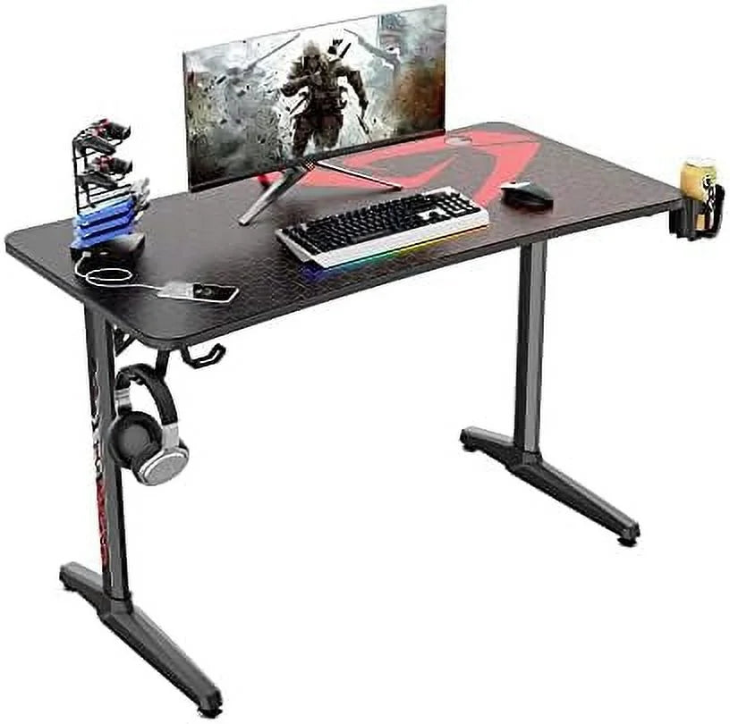 LLBIULife 60 inch Gaming Desk  Large Curved Computer Desk with Full Mouse Pad  T-Shaped Professional Gamer Studio Table for 3 Monitors with USB Handle Rack Cup Holder Headphone Hook  Carb