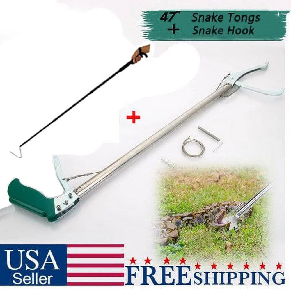 AYAMAYA Upgraded 47 inch Snake Catcher+Snake Hook, Collapsible Extra Heavy Duty Reptile Grabber Tongs Stick Rattlesnake Handling Tool Trash Pick Up, Litter Picker with Zigzag Wide Jaw