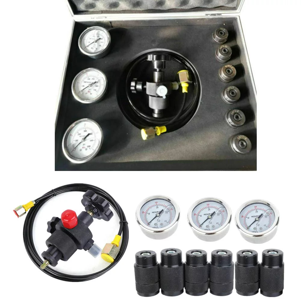 Hydraulic Nitrogen Accumulator Gas Charging System Pressure Test Kit 400bar 6000PSI Inflatable Tool w/3 Gauge 2M Hose Heavy Duty