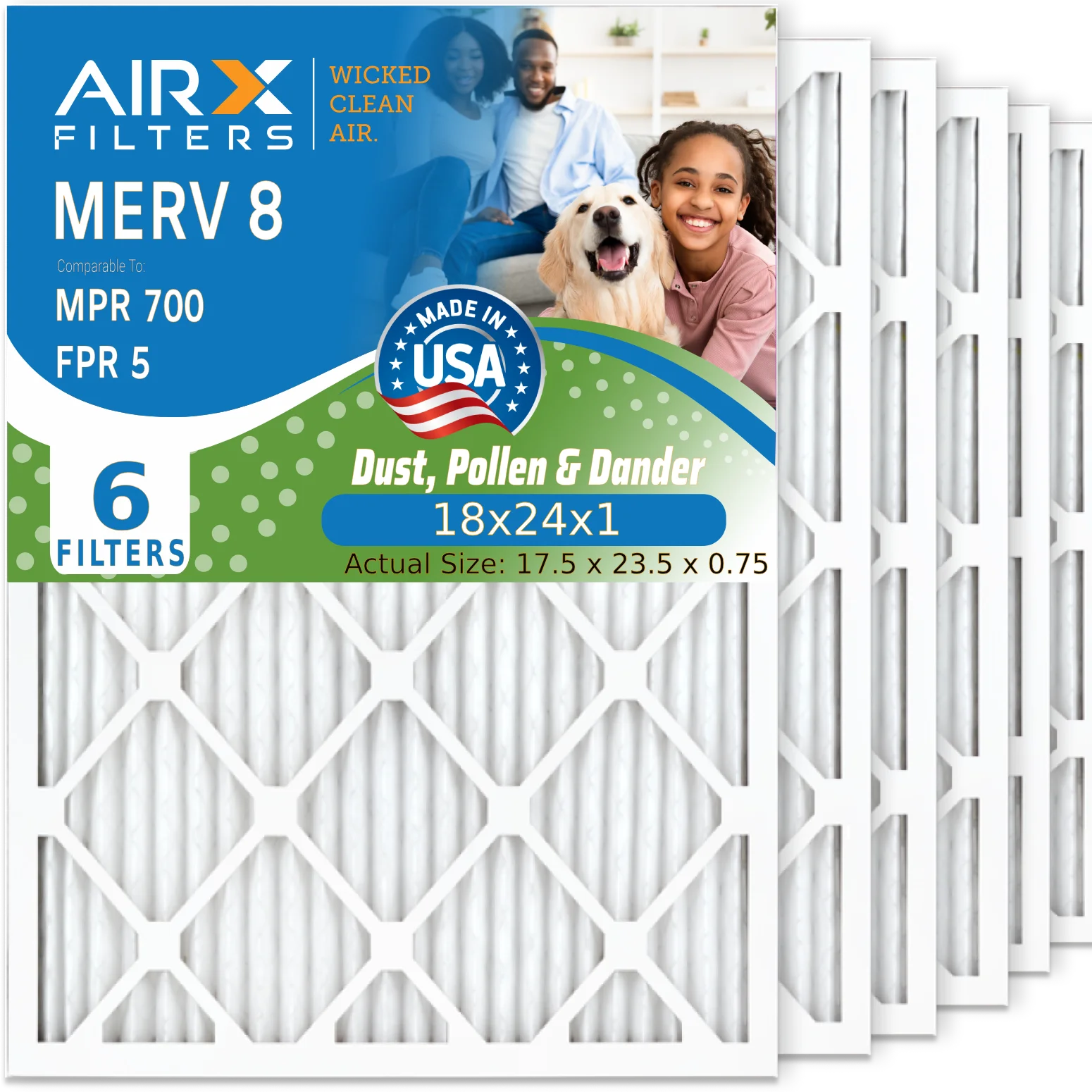 18x24x1 Air Filter MERV 8 Comparable to MPR 700 & FPR 5 Electrostatic Pleated Air Conditioner Filter 6 Pack HVAC AC Premium USA Made 18x24x1 Furnace Filters by AIRX FILTERS WICKED CLEAN AIR.