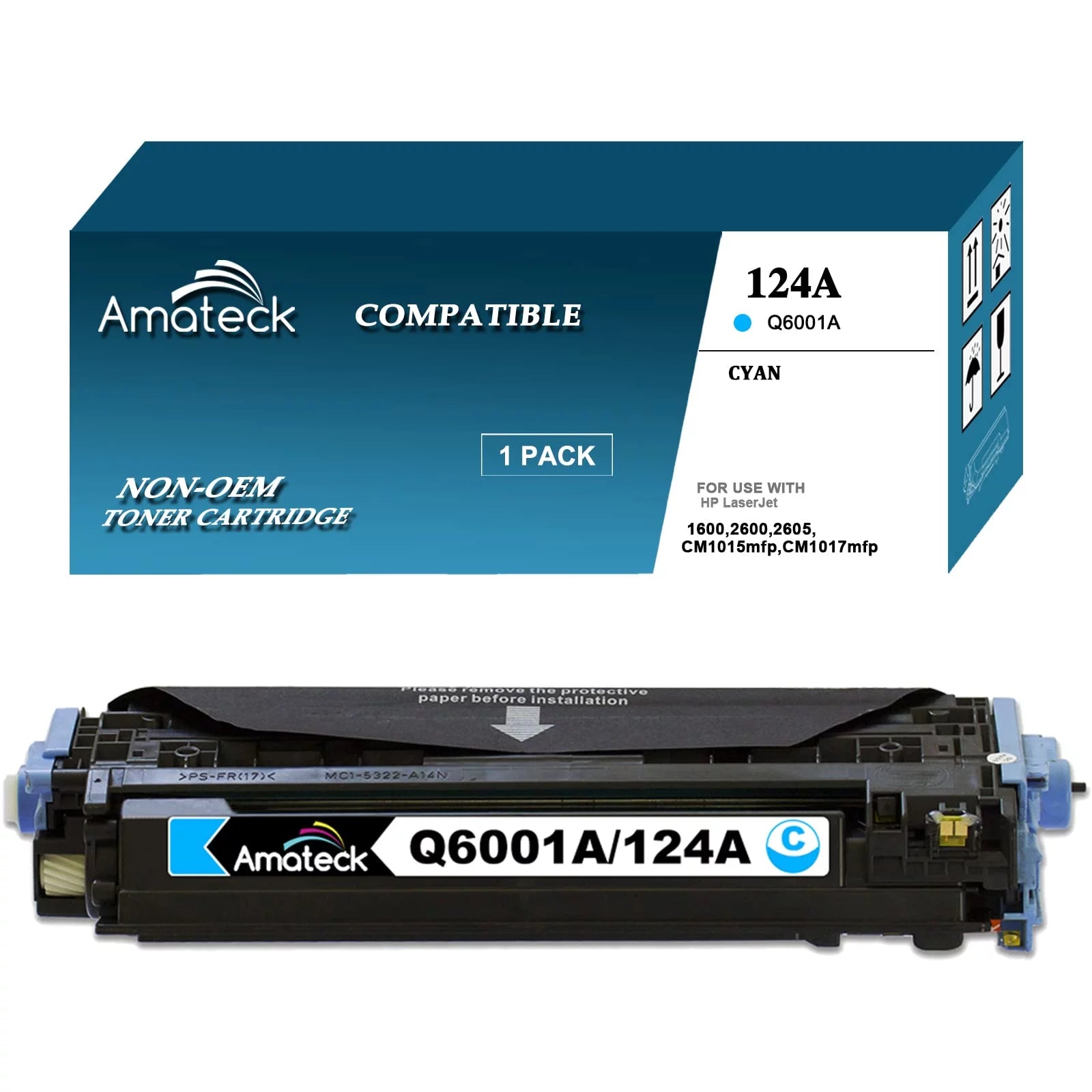 Amateck Compatible Toner Cartridge Replacement for HP Q6001A 124A Cyan 1 Pack for Color Laserjet 1600, 2600n, 2605dn, 2605dtn, CM1015mfp, Color Laserjet CM1017mfp