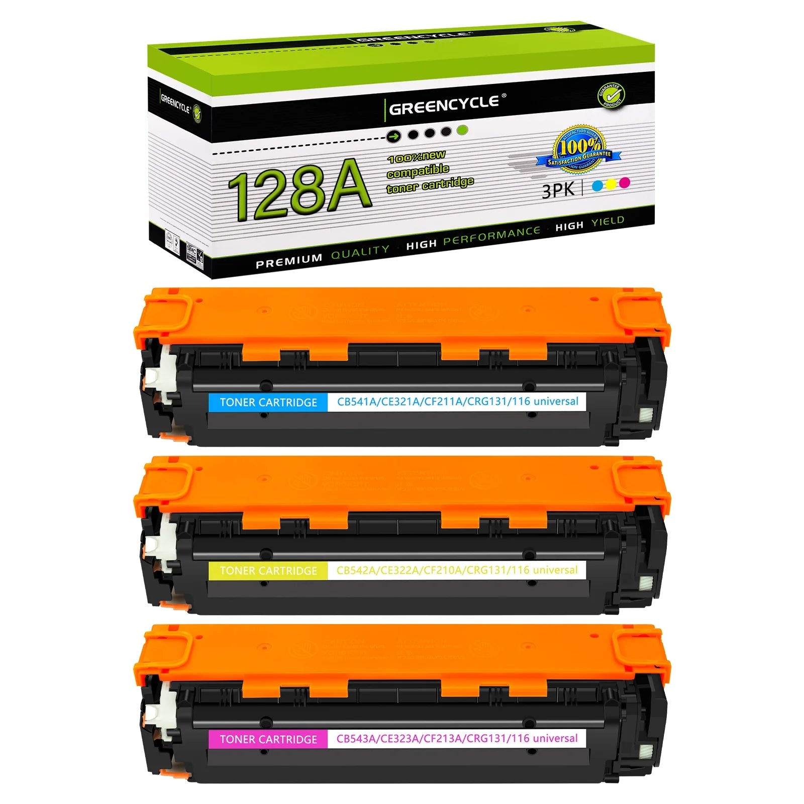 greencycle Compatible Toner Cartridge Replacement for HP 128A CE321A CE322A CE323A Toner 3 packs Set Works on LaserJet Pro CM1415fn CM1415fnw CP1525nw Color MFP Series Printer