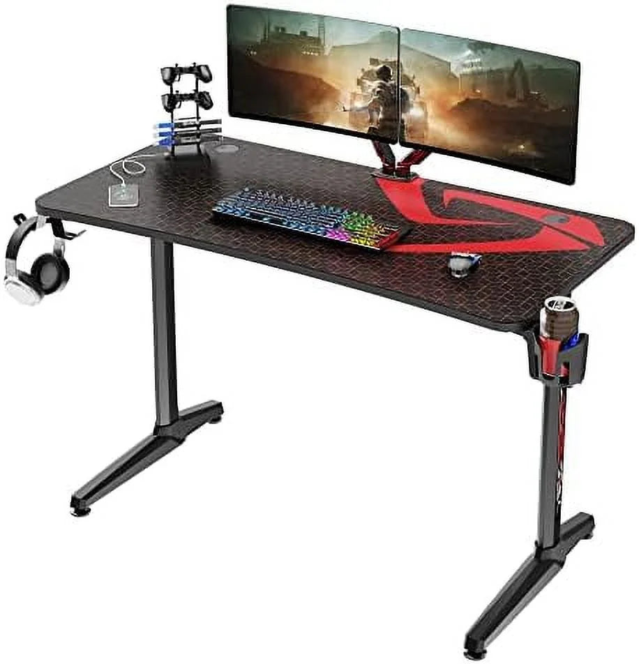 NLIBOOMLife It's_Organized Gaming Desk  60 Inch Computer Desk Carbon Fiber Surface Gamer Desk with Free Mouse pad  T-Shaped Professional Gaming Table with USB Gaming Rack  Cup Holder