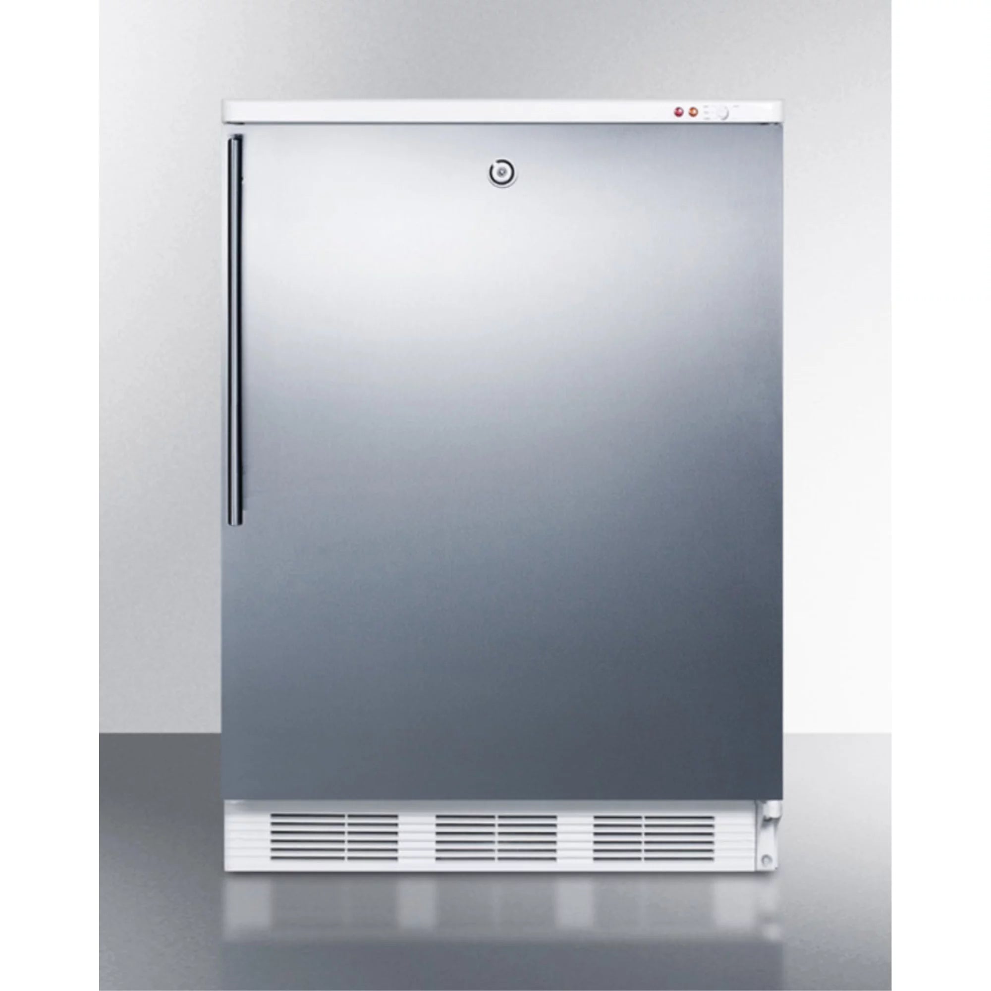 Built-in medical all-freezer capable of -25 C operation, with front lock, wrapped stainless steel door and thin handle