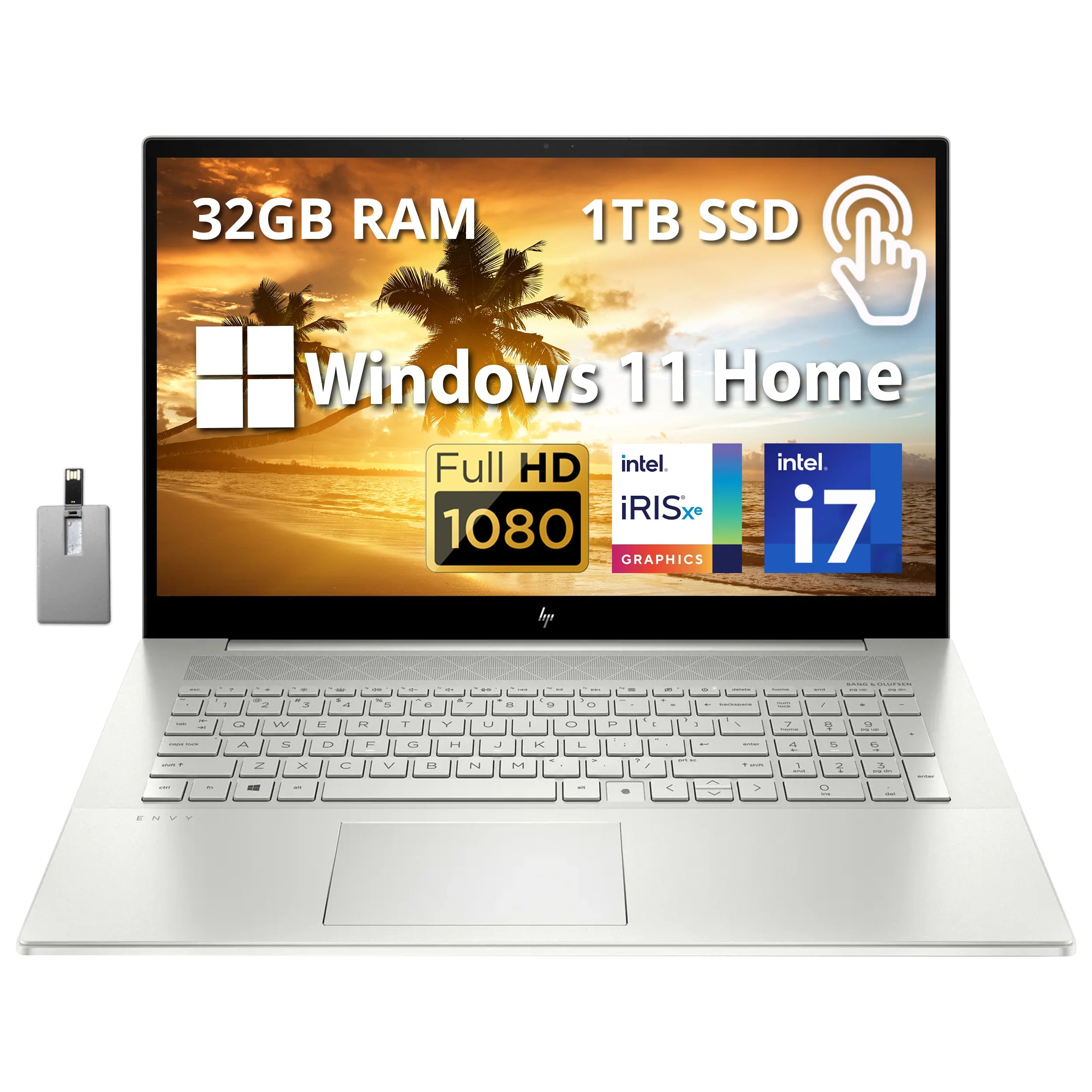 HP Envy 17.3 Full HD Touchscreen Laptop, Intel Core i7-1195G7 Processor, 32GB RAM, 1TB SSD, Intel Iris Xe Graphics, Backlit Keyboard, 720p HD Webcam, Windows 11, Silver, 32GB Hotface USB Card