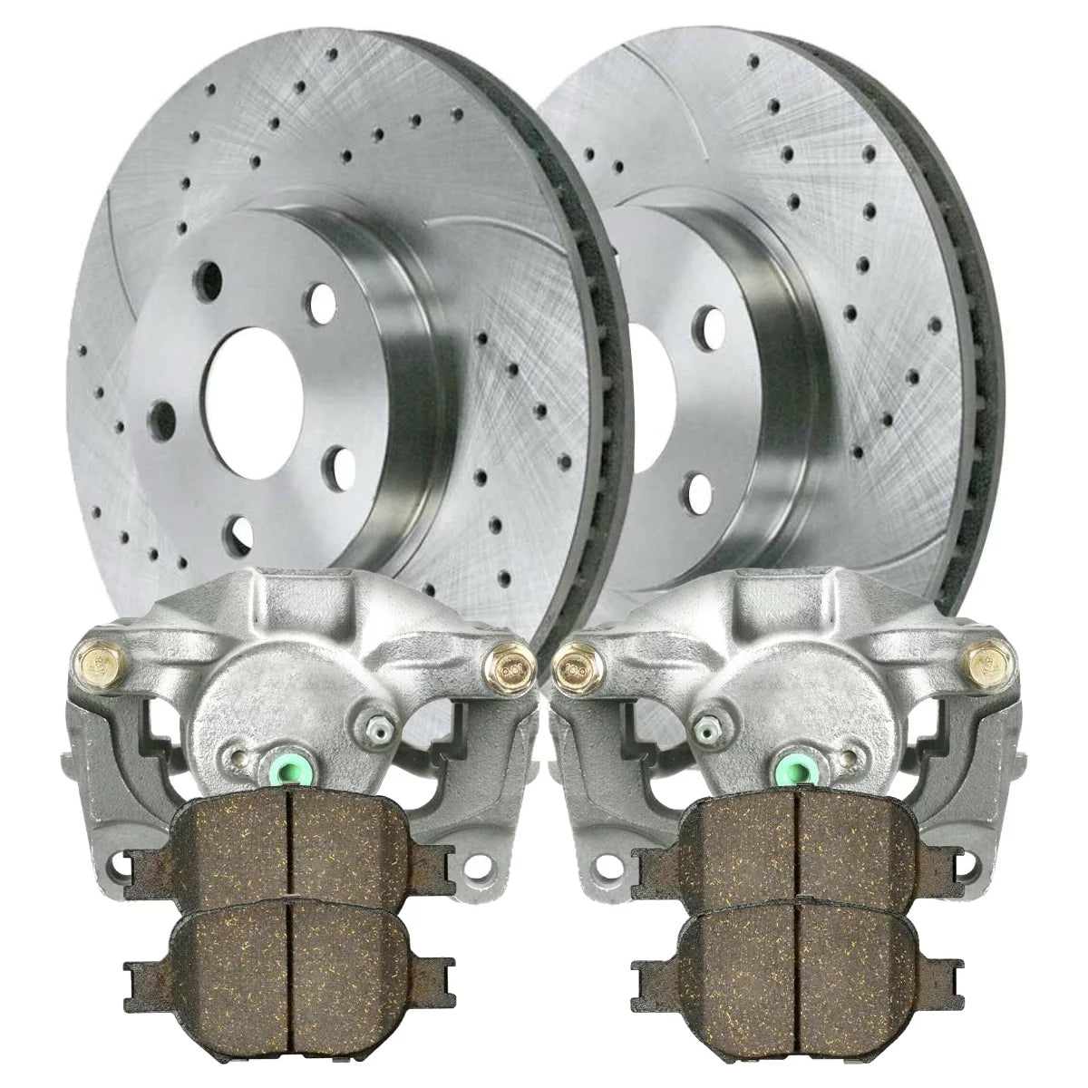 AutoShack Front Brake Calipers Ceramic Pads Drilled Slotted Rotors Silver Kit Driver and Passenger Side Replacement for 2005-2010 Scion tC 2000-2003 2004 2005 Toyota Celica 1.8L 2.4L FWD BCPKG0633