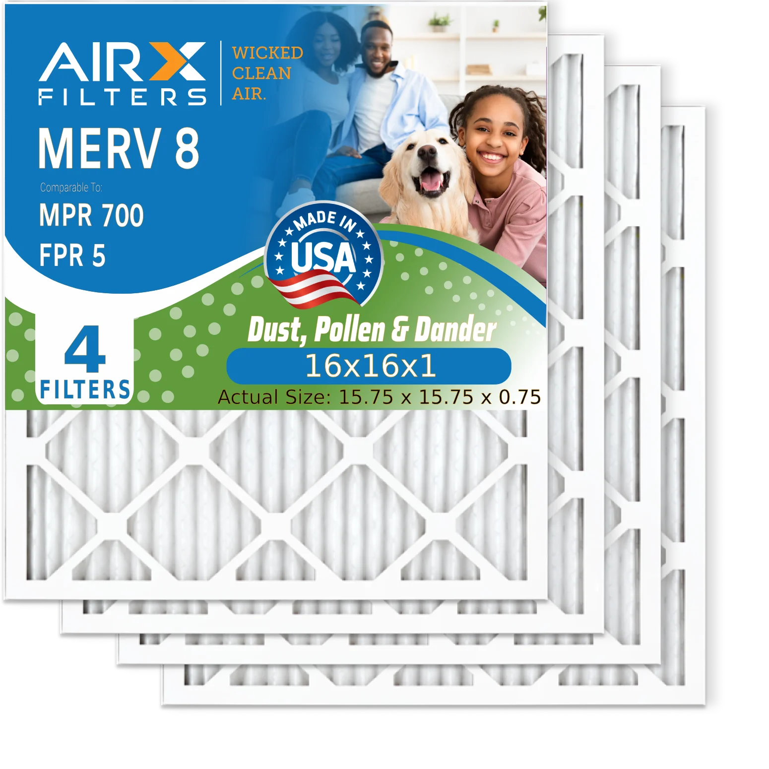 16x16x1 Air Filter MERV 8 Comparable to MPR 700 & FPR 5 Electrostatic Pleated Air Conditioner Filter 4 Pack HVAC AC Premium USA Made 16x16x1 Furnace Filters by AIRX FILTERS WICKED CLEAN AIR.