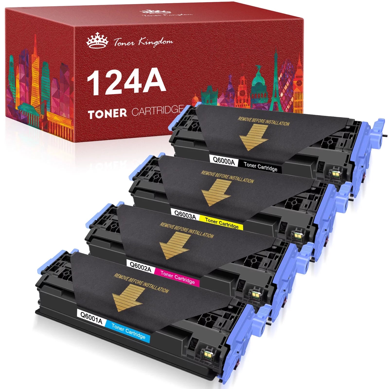 Toner Kingdom Compatible For 4 Pack Q6000A 1/2/3A Color Toner For HP 124A LaserJet cm1015mfp cm1017 cm1017mfp Printer(Black Cyan Magenta Yellow)
