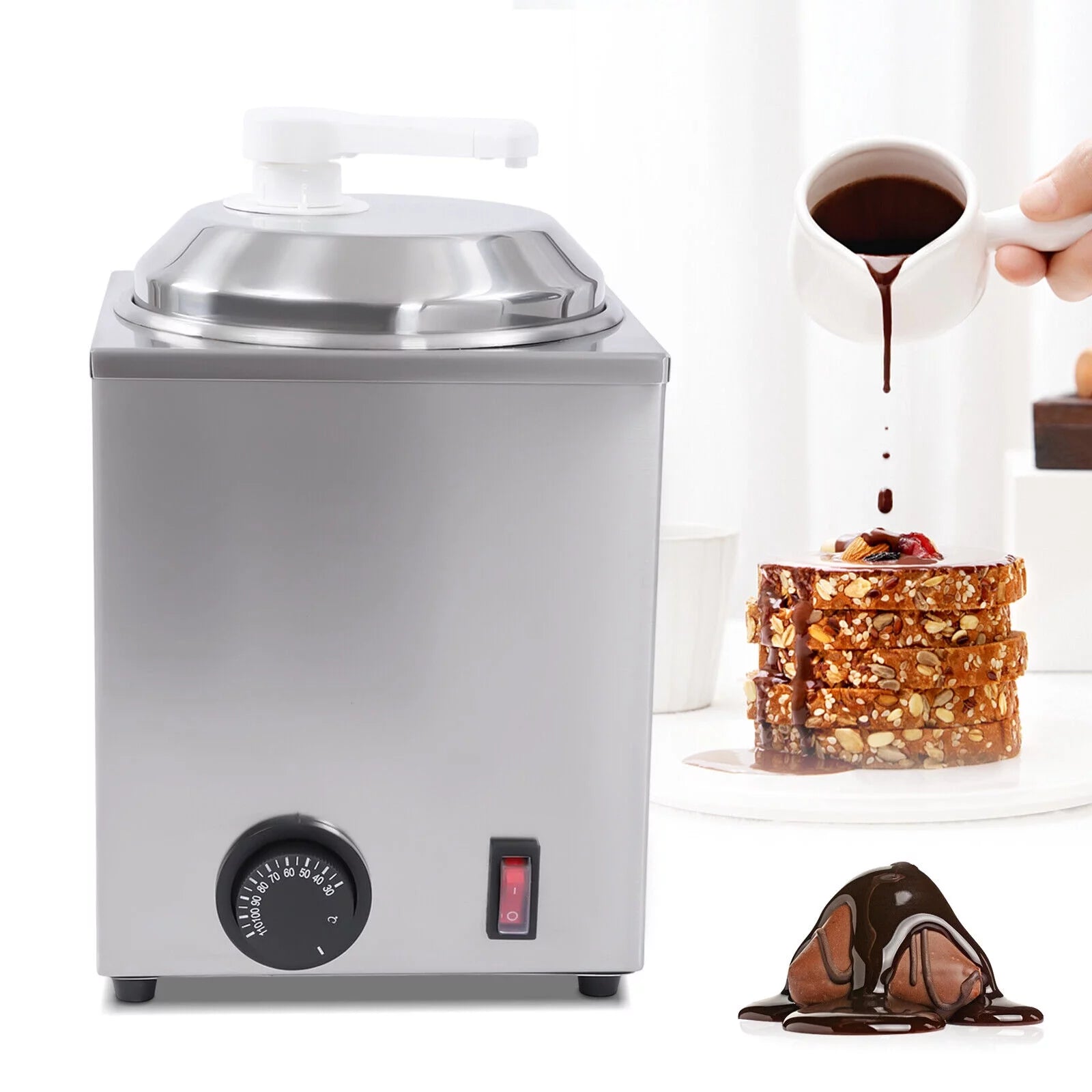 OUKANING 2.4Qt Electric Sauce Warmer with Pump Hot Fudge Dispenser Stainless Steel Hot Cheese Dispenser Single Head Topping  650W