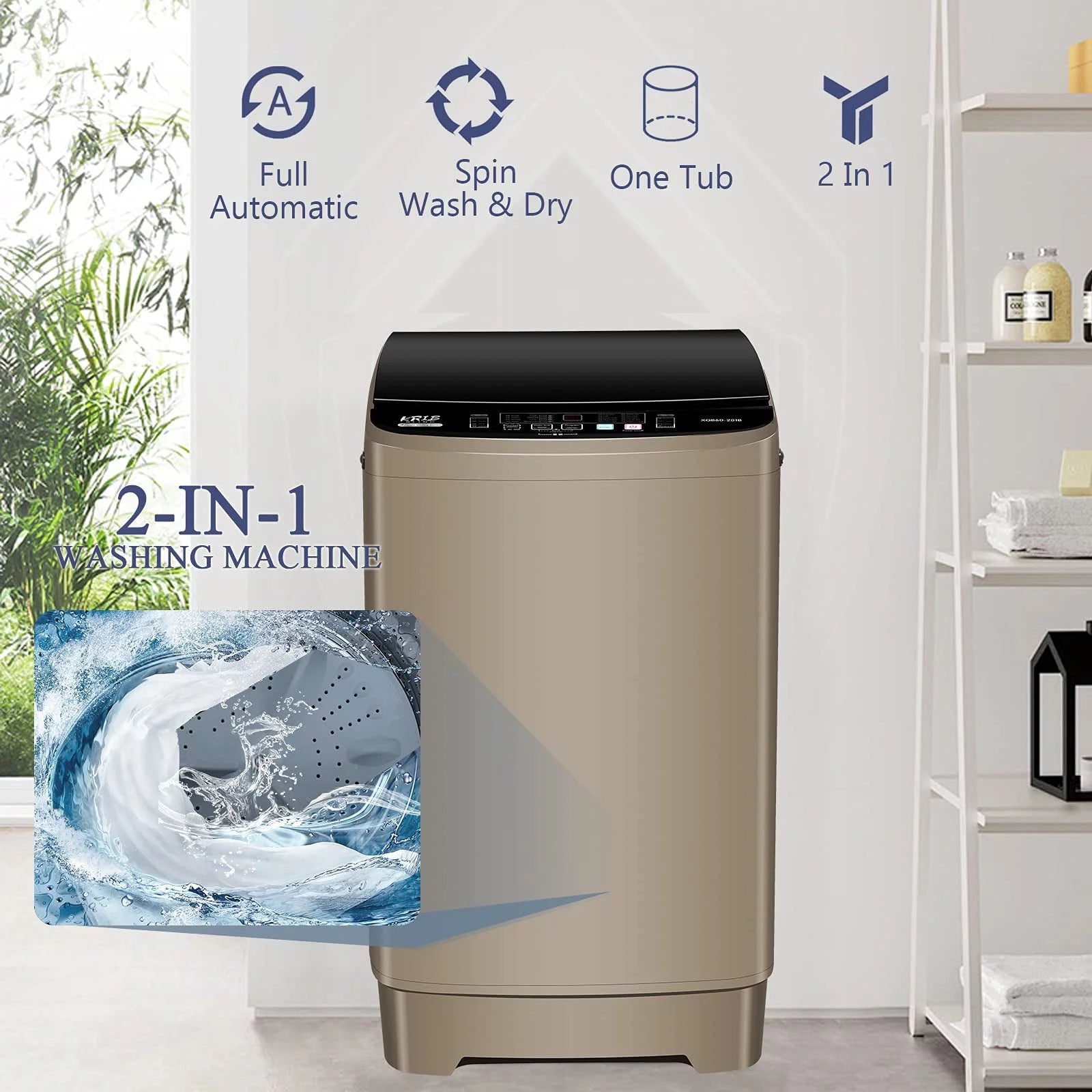 GGTB Portable Washing Machine, 1.9 Cu.ft Fully Automatic Compact Washer, 10 Wash Programs Washer with Drain Pump for Apartments, RVs, Camping, Coffee Gold